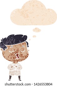 cartoon man talking with thought bubble in grunge distressed retro textured style