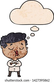 homem de desenho animado falando com bolha de pensamento no estilo de textura grunge