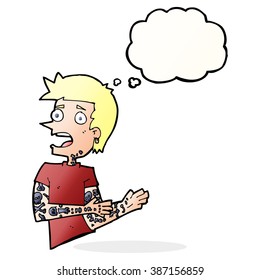 caricaturista con tatuajes con burbuja de pensamiento
