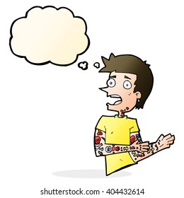 cartoon man with tattoos with thought bubble