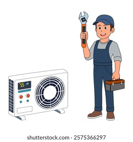 Cartoon Man Technician Fix Air Condition Vector Illustration