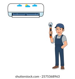 Cartoon Man Technician Fix Air Condition Vector Illustration