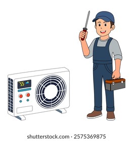 Cartoon Man Technician Fix Air Condition Vector Illustration