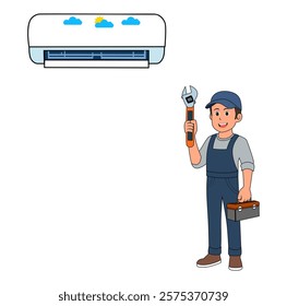  Cartoon Man Technician Fix Air Condition  Vector Illustration