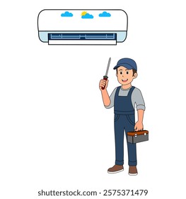 Cartoon Man Technician Fix Air Condition  Vector Illustration