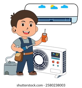 Cartoon Man Technician Fix Air Condition Vectors Illustration