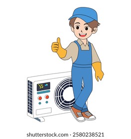 Cartoon Man Technician Fix Air Condition Vectors Illustration