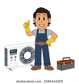 Cartoon Man Technician Fix Air Condition Vectors Illustration