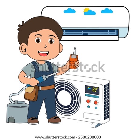 Cartoon Man Technician Fix Air Condition Vectors Illustration
