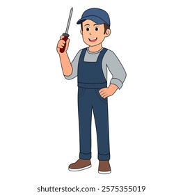 Cartoon Man Technician Holding a Screwdriver Vector Illustration