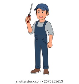  Cartoon Man Technician Holding A Screwdriver Vector Illustration