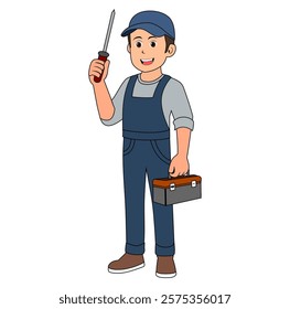  Cartoon Man Technician Holding A Screwdriver Vector Illustration