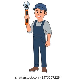 Cartoon Man Technician Holding A Wrench Vector Illustration