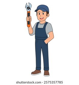 Cartoon Man Technician Holding A Wrench Vector Illustration