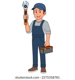 Cartoon Man Technician Holding A Wrench Vector Illustration