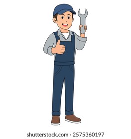 Cartoon Man Technician Holding A Wrench Vector Illustration