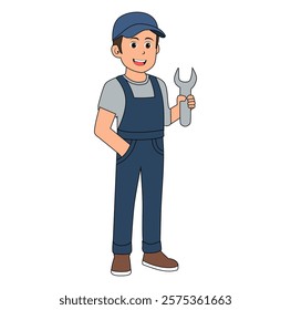 Cartoon Man Technician Holding A Wrench Vector Illustration