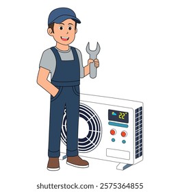 Cartoon Man Technician Repair Air Condition Vector Illustration