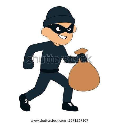 Cartoon Man Thief Run After Robbed Bank Vectors Illustration