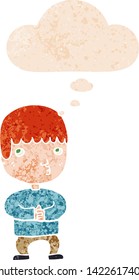 cartoon man thinking with thought bubble in grunge distressed retro textured style