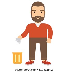 Cartoon man throwing garbage in bin. Concept flat vector icon.