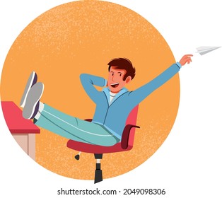 Cartoon man throwing paper airplane. Modern men working.