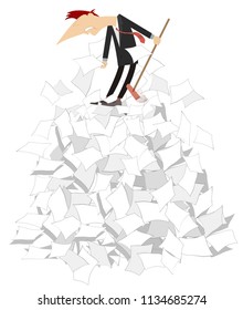 Cartoon man tidying up papers illustration isolated. Cartoon man holds a broom and stays on a big pile of papers concept isolated on white illustration vector 
