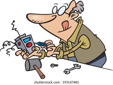 cartoon man tinkering with electronics