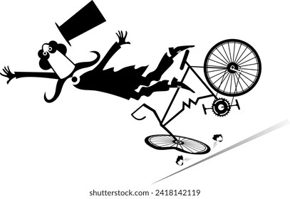 Cartoon man in the top hat falling down from the bicycle. Cartoon long mustache gentleman in the top hat falling down from the bicycle. Black and white illustration