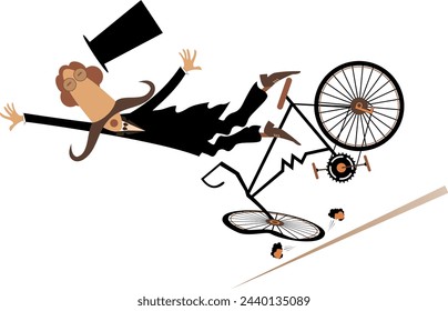 Cartoon man in the top hat falling down from the bicycle. Cartoon long mustache gentleman in the top hat falling down from the bicycle. Isolated on white background