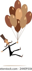 Cartoon man in the top hat flights on air balloons. 
Comic long mustache man in the top hat flying up holding air balloons. Isolated on white background
