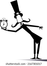 Cartoon man in the top hat holding alarm clock. 
Comic long mustache man in the top hat holding time clock. Black on white background
