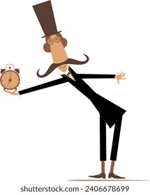 Cartoon man in the top hat holding alarm clock. 
Comic long mustache man in the top hat holding time clock. Isolated on white background
