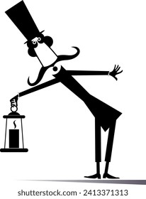 Cartoon man in the top hat holding an old lantern. 
Cute long mustache man in the top hat holding a vintage lit lantern. Black and white illustration
