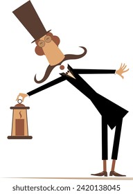 Cartoon man in the top hat holding an old lantern. 
Cute long mustache man in the top hat holding a vintage lit lantern. Isolated on white background
