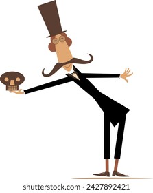 Cartoon man in the top hat holding skull. 
Memento mori. Comic long mustache man in the top hat holding skull. Isolated on white background
