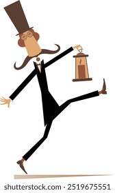 Cartoon man in the top hat holding an old lantern. 
Cute long mustache man in the top hat holding a vintage lit lantern
