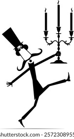 Cartoon man in the top hat holding a candlestick with burning candles. Cute long mustache man in the top hat holding a vintage candlestick with burning candles. Black and white illustration