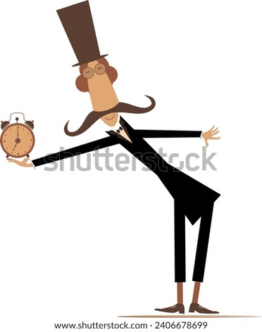 Cartoon man in the top hat holding alarm clock. 
Comic long mustache man in the top hat holding time clock. Isolated on white background

