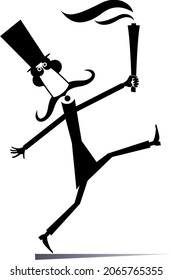 Cartoon man in the top hat holds a torch illustration. 
Funny long mustache man in the top hat with a torch black on white background
