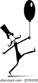 Cartoon man in the top hat holds a balloon illustration. Funny long mustache man in the top hat with a balloon black on white background	