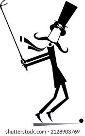 Cartoon man in the top hat plays golf illustration.
Cartoon long mustache gentleman in the top hat holds a golf club and trying to do a good kick black on white background
