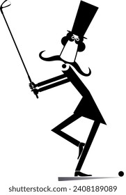 Cartoon man in the top hat plays golf. 
Cartoon long mustache gentleman in the top hat holds a golf club and trying to do a good shot. Black and white illustration
