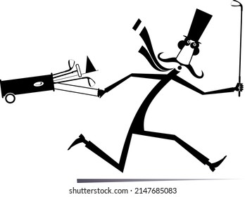 Cartoon man in the top hat running to play golf. 
Running long mustache gentleman in the top hat with a golf club and golf bag. Black on white background
