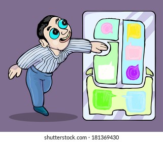cartoon of man touching bubble text symbol