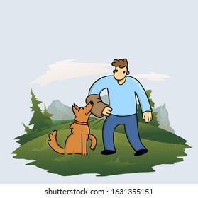 Cartoon man training his funny dog on forest and mountains background. Man and dog playing together. Colored flat vector illustration.