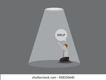 Cartoon man trapped below manhole kneeling on knees and praying for help under a ray of light. Cartoon vector illustration on desperation emotions isolated on grey background.