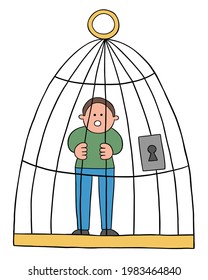 Cartoon man trapped in a cage, vector illustration. Black outlined and colored.