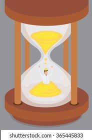 Cartoon man trapped in a pile of golden sand in old fashioned hourglass. Creative vector illustration on time management concept isolated on grey background.
