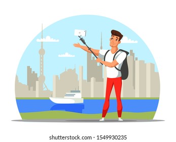 Cartoon man traveler character creating content for travel blog or vlog. Guy with backpack shooting video or taking selfie with landmarks, attractions, beautiful places. Vector flat Illustration